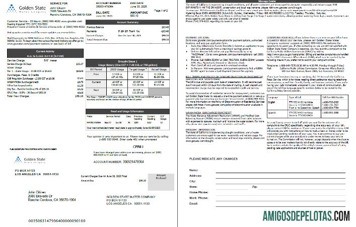 realista Modelo de conta de serviços públicos da Golden State Water Company dos EUA em formatos Word e PDF, 2 páginas